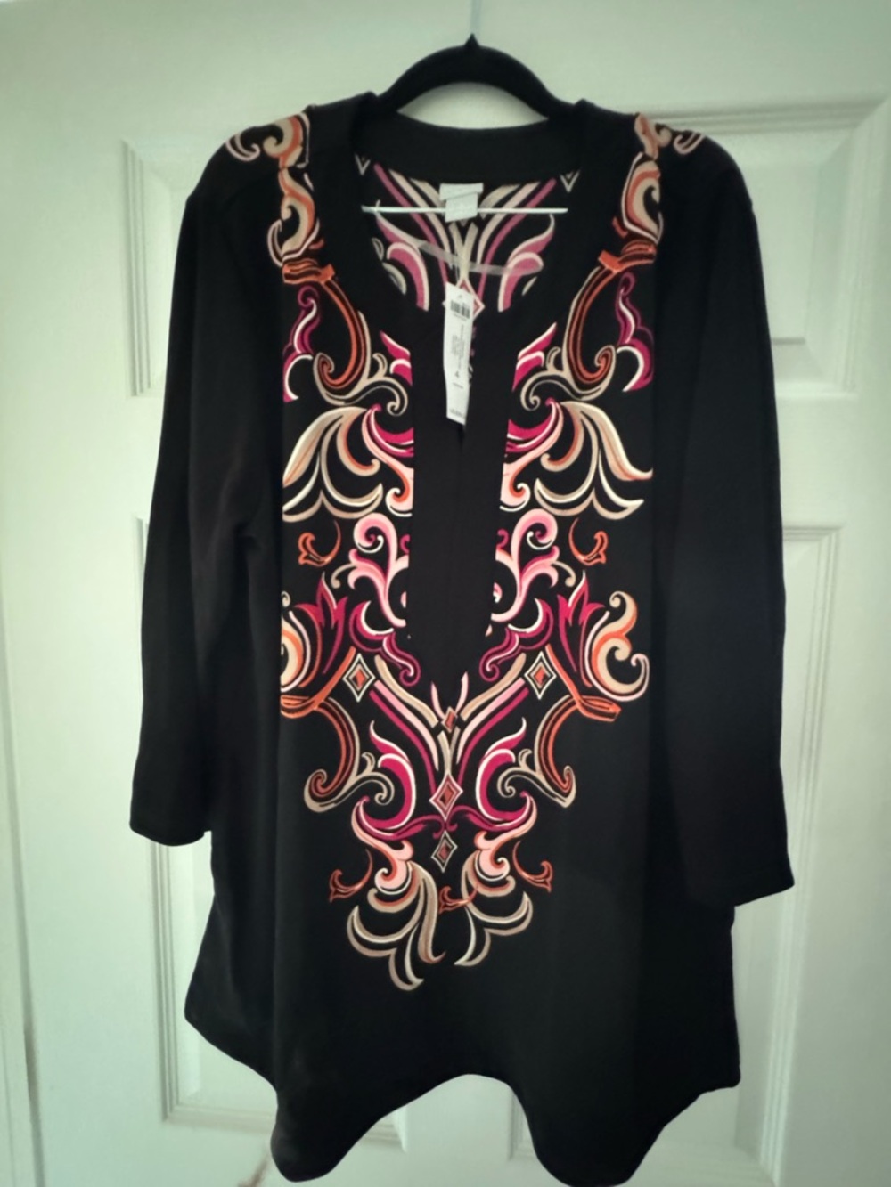 Chico's NWT Black Tunic with Pink and Cream Scroll Design